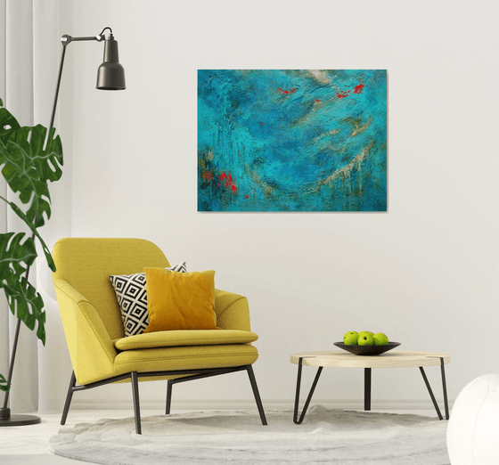 Blue Abstract Seascape Textured Painting Navy, Teal, Red, Silver, Gold. Modern Art with Heavy Texture. Abstract Landscape Contemporary Artwork for Livingroom or Bedroom