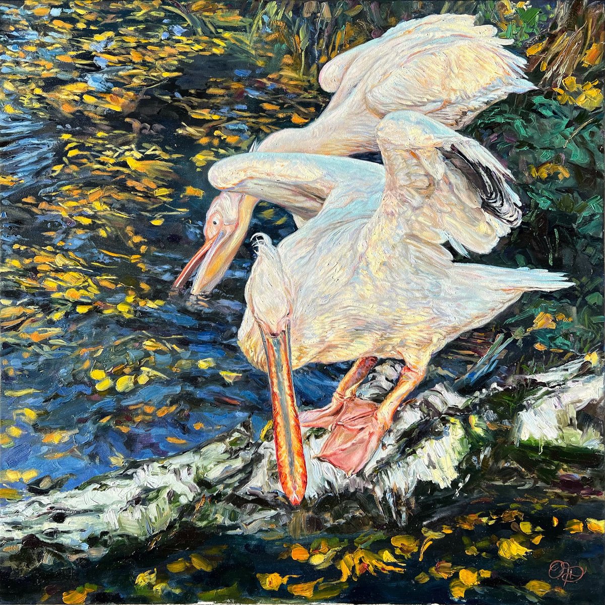 Impressionistic Animal Oil Painting By Olha Dashkevych, 31 X 31", Gold On The Water, Original Artwork