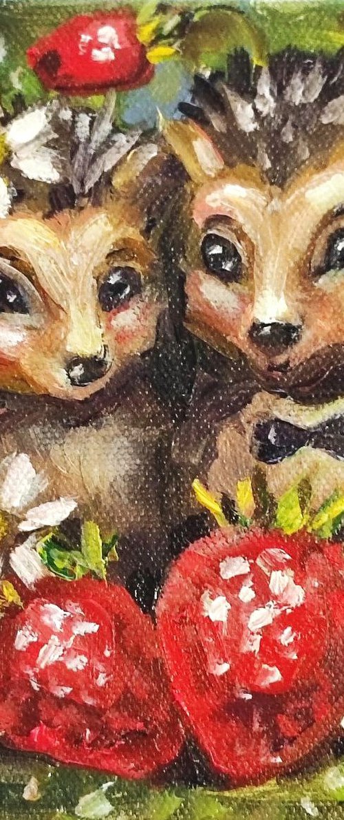 Cute Hedgehogs with Strawberries and Daisies by Natalia Miasnikova