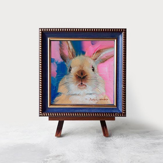 Small framed art brown nose rabbit oil painting original in blue frame 4x4 inch