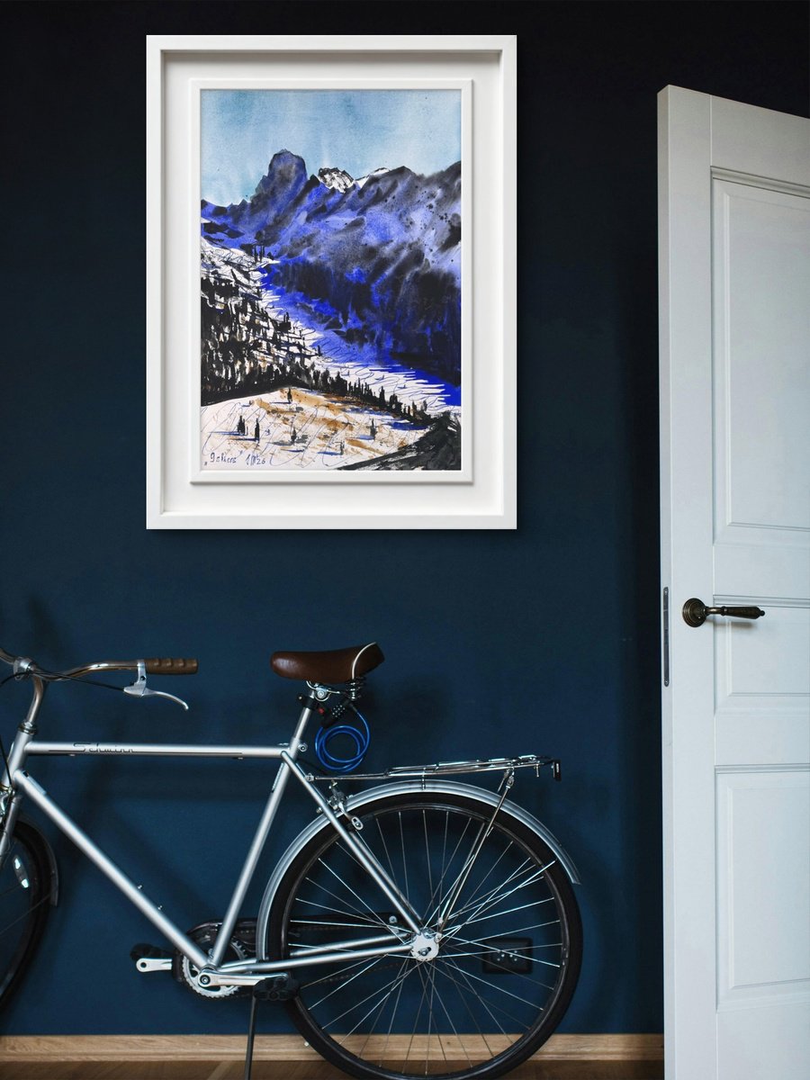 Expressive Watercolour , Skiers In The Alpine Mountains By Yuliia Sharapova, 24 X 30, Artwork For Sale On Artfinder