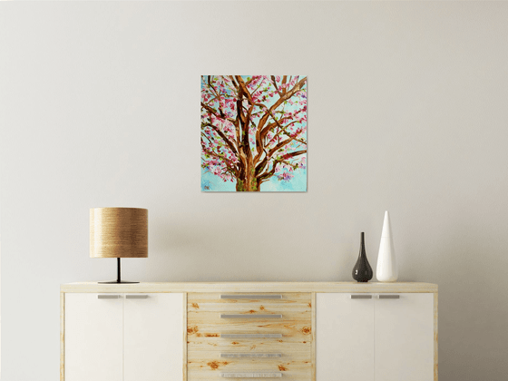 Apple blossom, tree near Bethnal Green, spring in London white, pink, turquoise ready to hang oil painting