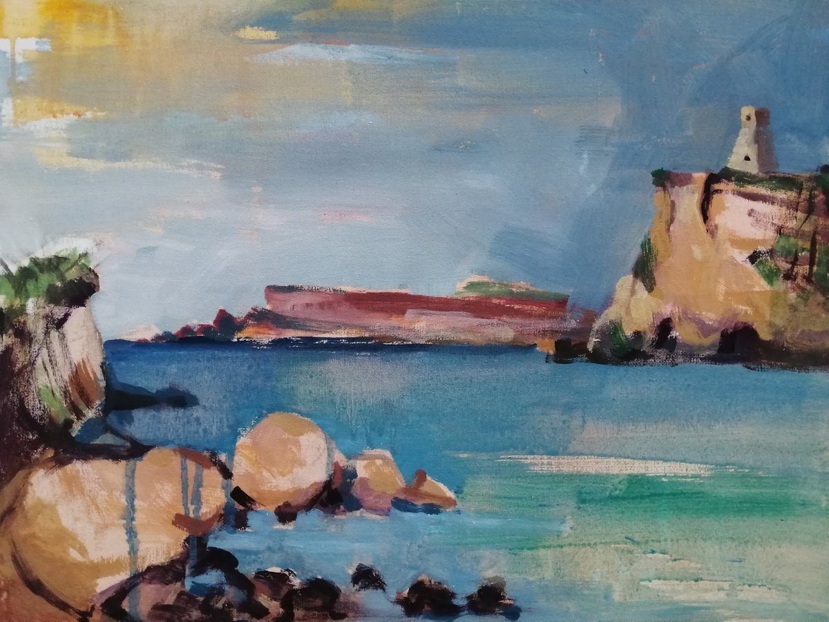Meditarranean landscape, Seascape Tuffieha Bay, Island Malta Acrylic