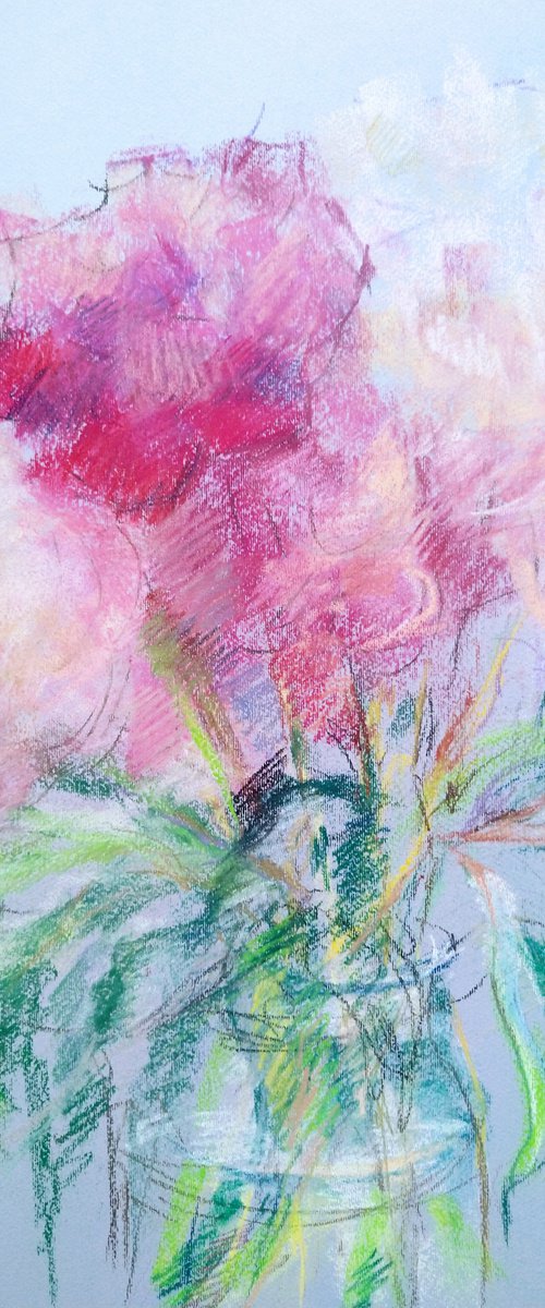 Peonies. Original pastel drawing on bluish-gray paper. by Elena Klyan