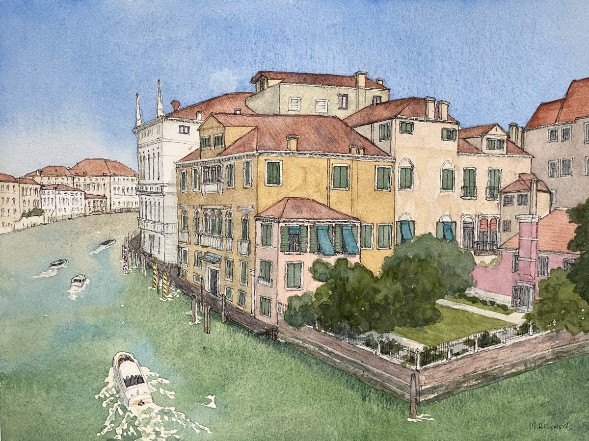 Impressionistic Cityscapes Watercolour By Michael Richards, 16 X 12", A Garden By The Grand Canal, Original Artwork