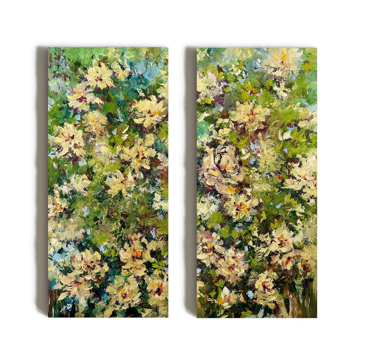 Impressionistic Botanical Oil Painting By Olga Beketova, 16 X 35", Wild Roses, Original Artwork