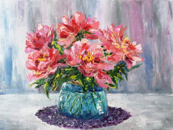 Peonies. Pink peony bouquet, small oil painting