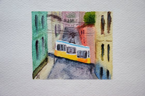 Lisbon small watercolor painting, yellow tram original painting, Portugal wall art