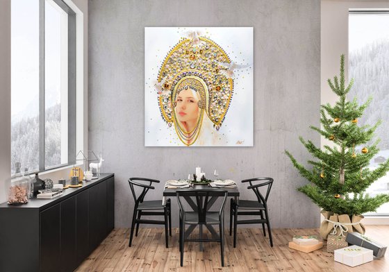 Custom portrait from a photo Queen \ Princess. Art commission. Large painting, mixed media photo collage with precious stones, rhinestones