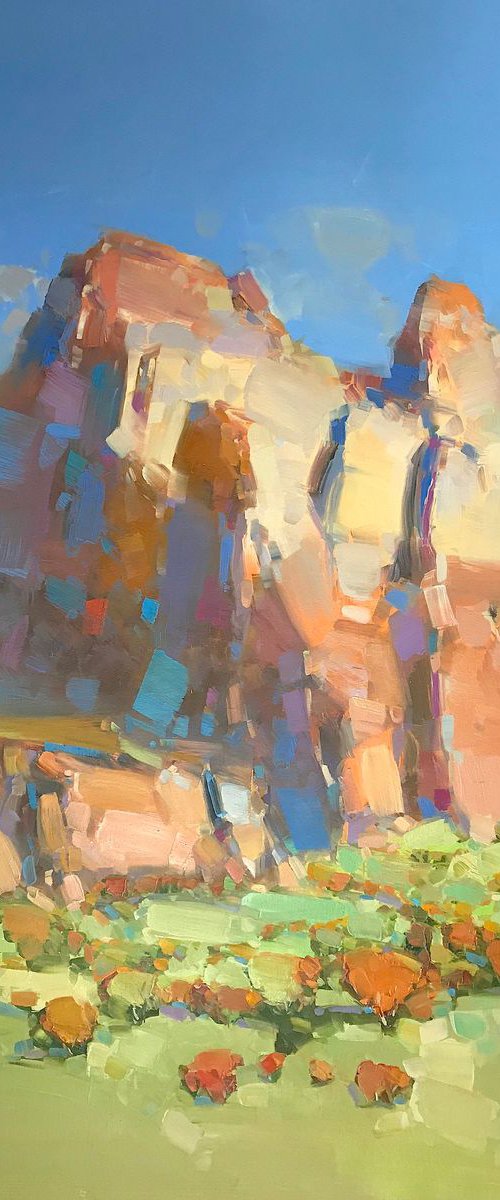 Cliff Mountain, Landscape oil painting, Handmade artwork by Vahe Yeremyan