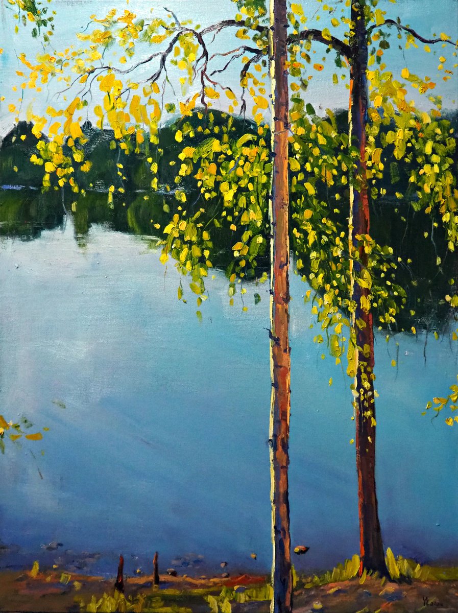 Impressionistic Landscape Oil Painting By Yuanyuan Liu, 24 X 31", By The Lake, Original Artwork