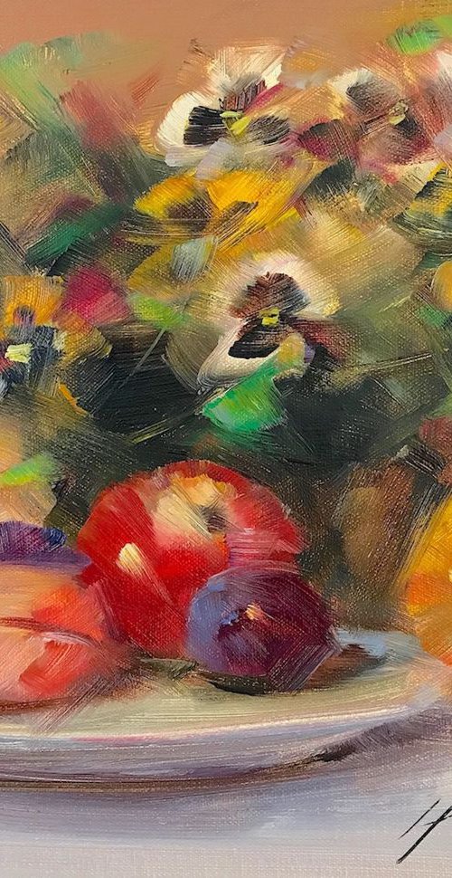 Vase of Pansies, Oil painting, One of a kind, Handmade artwork by Vahe Yeremyan