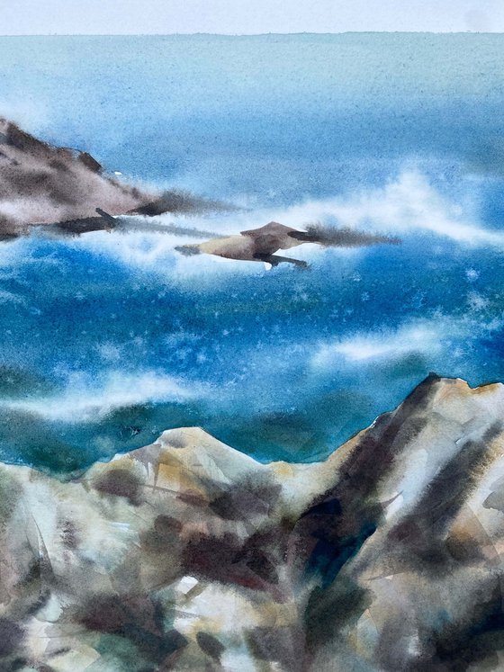 White waves. Scotland. One of a kind, original painting, handmad work, gift, watercolour art.