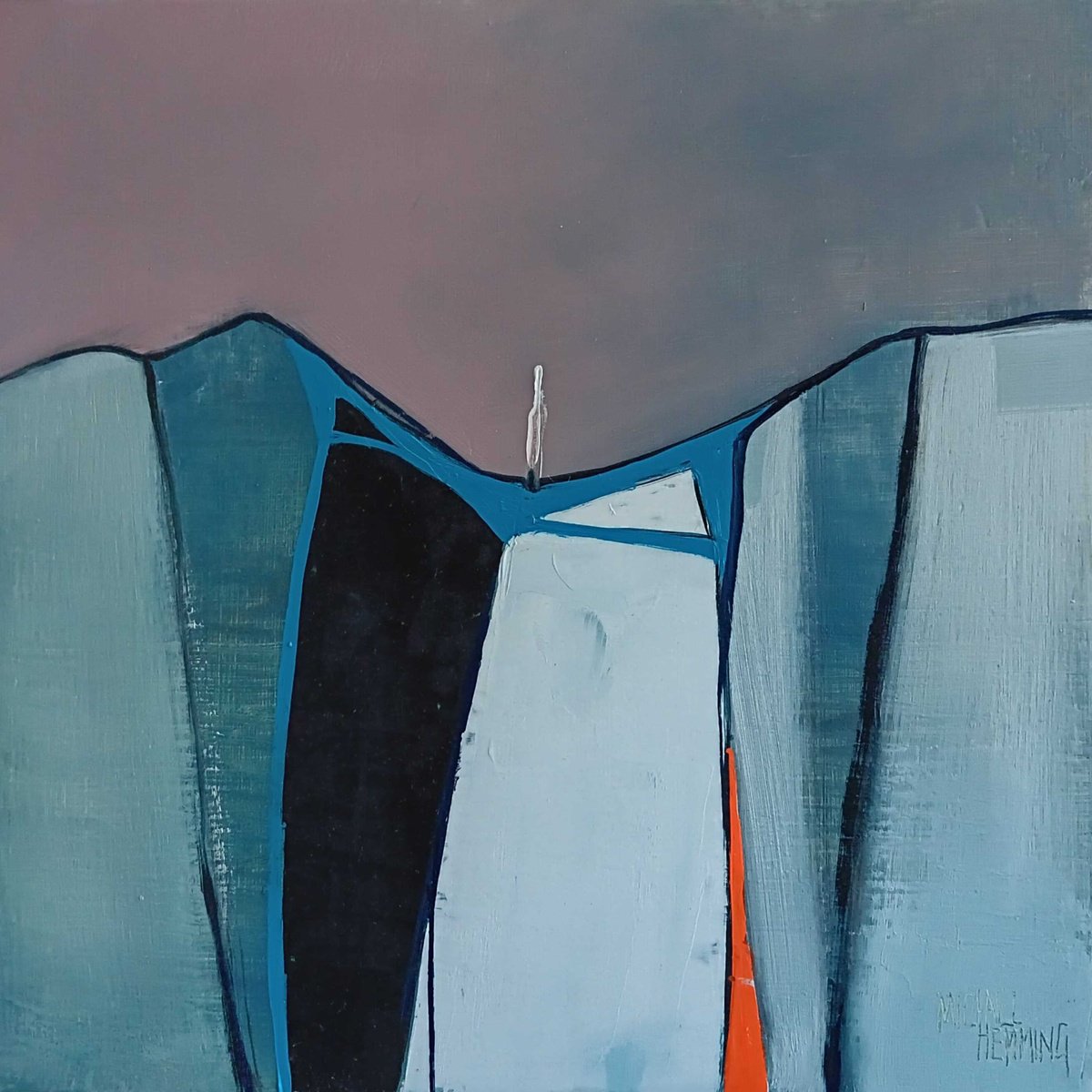 Abstract Landscape Oil Painting By Michael Hemming, 13 X 13", Jurassic Yacht, Original Artwork