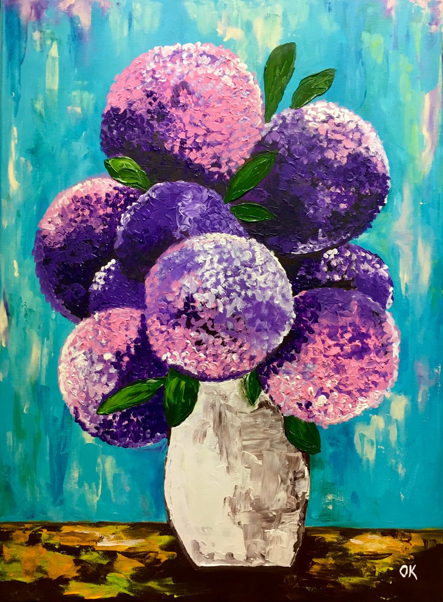 BOUQUET OF Purple and Pink hydrangea on turquoise in a white vase palette knife Original... by Olga Koval