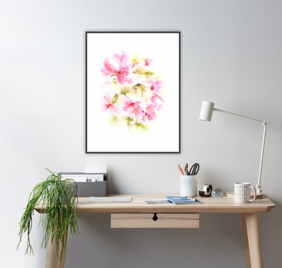 Abstract flowers, soft pink floral bouquet, watercolor