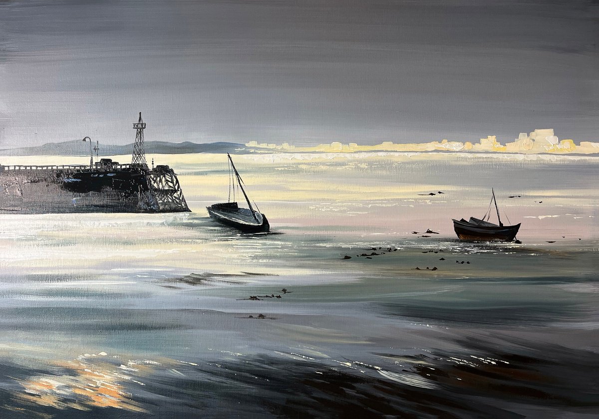 Impressionistic Landscape Acrylic Painting By Maria Kireev, 39 X 28", Oysters Farm In Normandy, Original Artwork