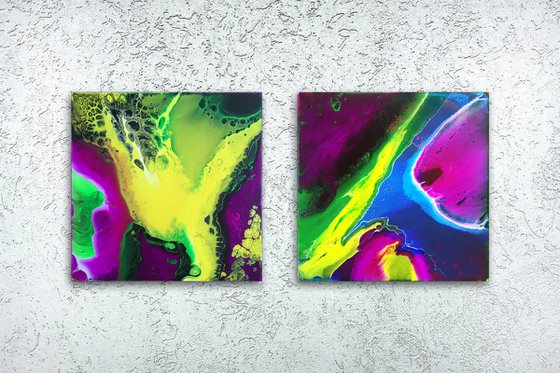 "His And Hers" - FREE USA SHIPPING + Save As A Series - Original PMS Abstract Diptych Fluid Acrylic Paintings On Canvas - 24" x 12"