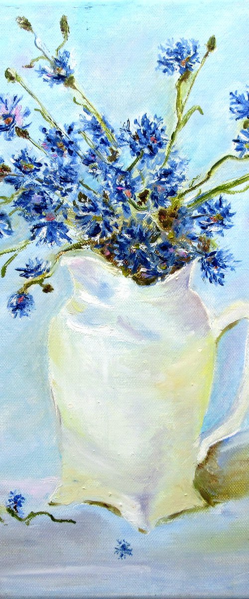 Blue Cornflowers in a Jar | Original Oil on Canvas Painting by Katia Ricci