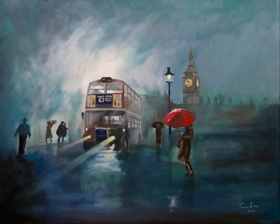 London painting rain red umbrella