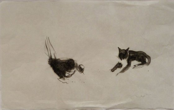 Cat and bird 2, ink painting on chinese paper, 33x53 cm