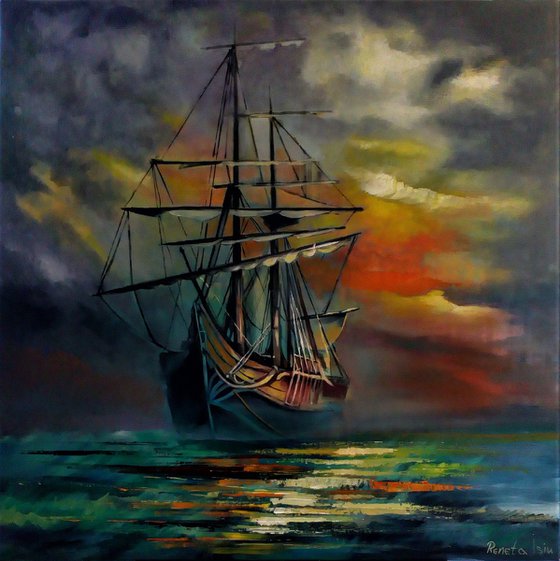 " Royal Fortune " - Bartholomew Roberts Ship 80 x 80cm Original Oil Painting Black Bart