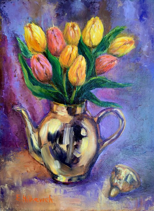 Tulips in a golden tea pot by Elvira Hilkevich
