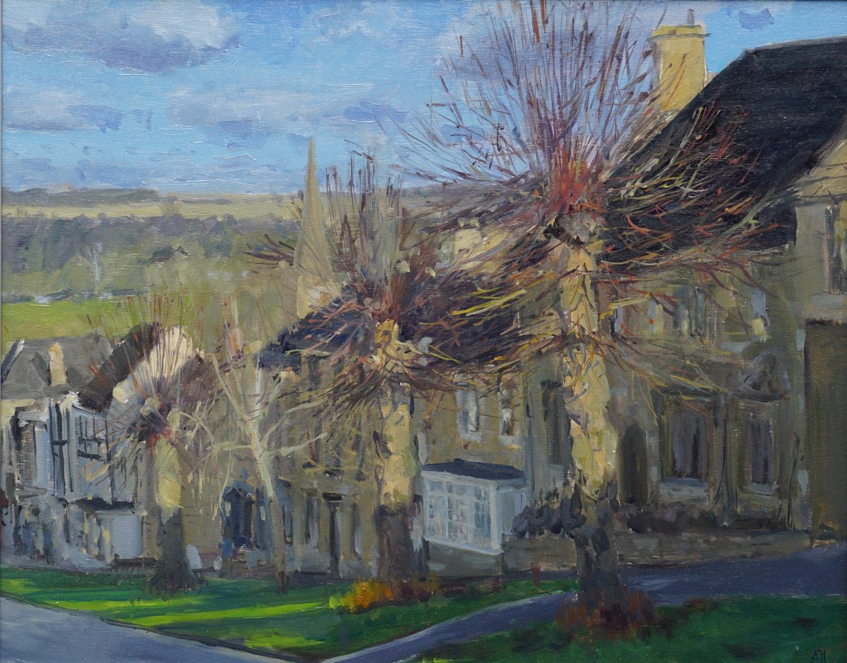 Impressionistic Cityscapes Oil Painting By Alex James Long, 20 X 16, Trees On The Hill, Burford, Original Artwork
