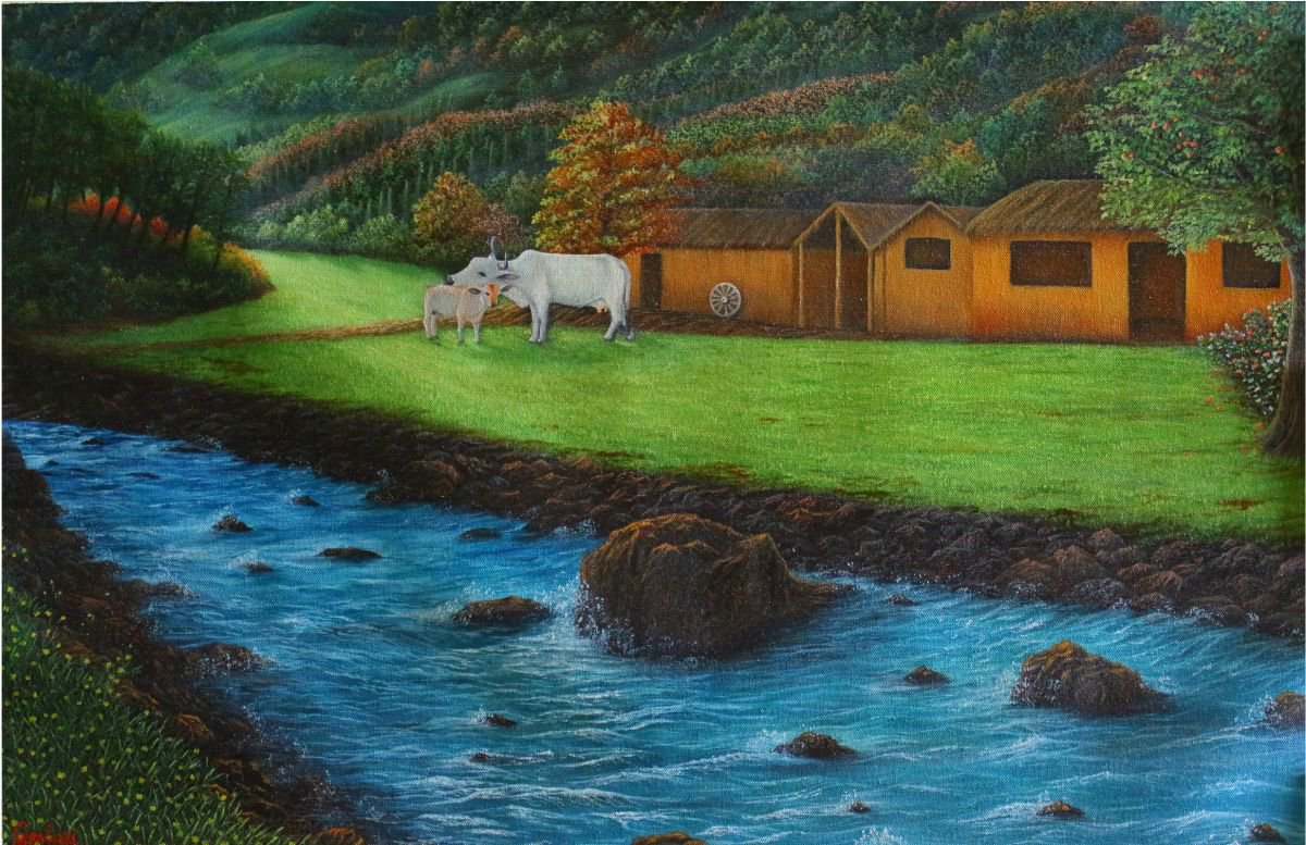 Village life - Landscape Oil Painting by Goutami Mishra