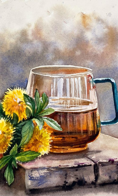 Tea and Dandelions Still Life by Irina Povaliaeva