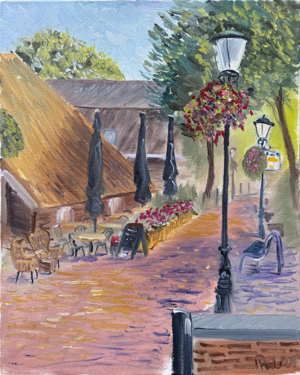 Impressionistic Cityscapes Oil Painting By Dmitry Fedorov, 16 X 20, Restaurant In Dalen. Pleinair, Original Artwork