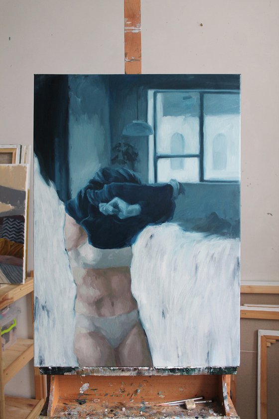 "Stay with yourself" Girl at home oil art