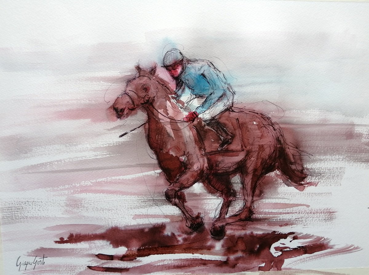 Impressionistic Animal Ink Drawing By Giorgio Gosti, 18 X 13, The Horse Race 53, Original Artwork