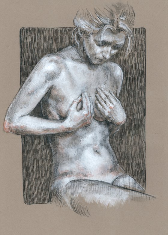 Charcoal nude art. Charcoal drawing. Nude drawing. Female nude. Woman nude.