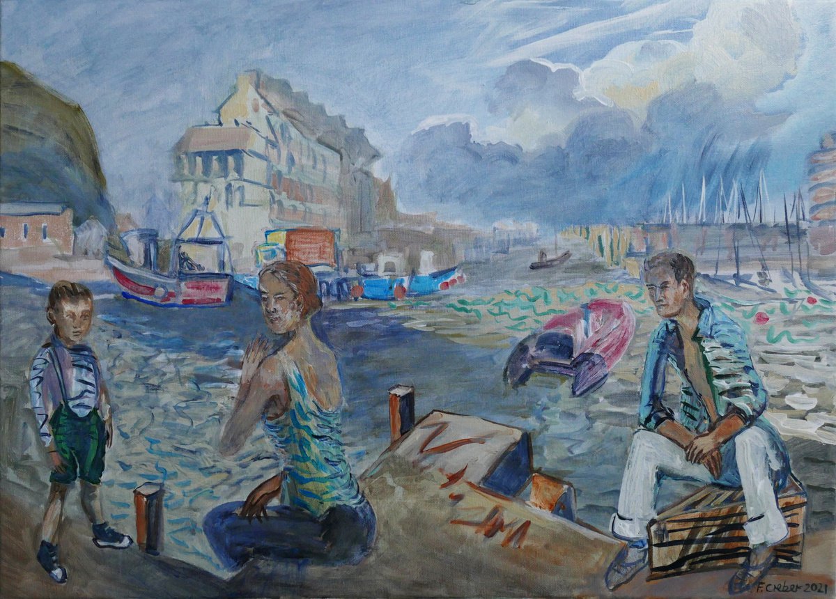 Impressionistic Portrait Acrylic Painting By Frank Creber, 23 X 17, Family At West Bay, Original Artwork