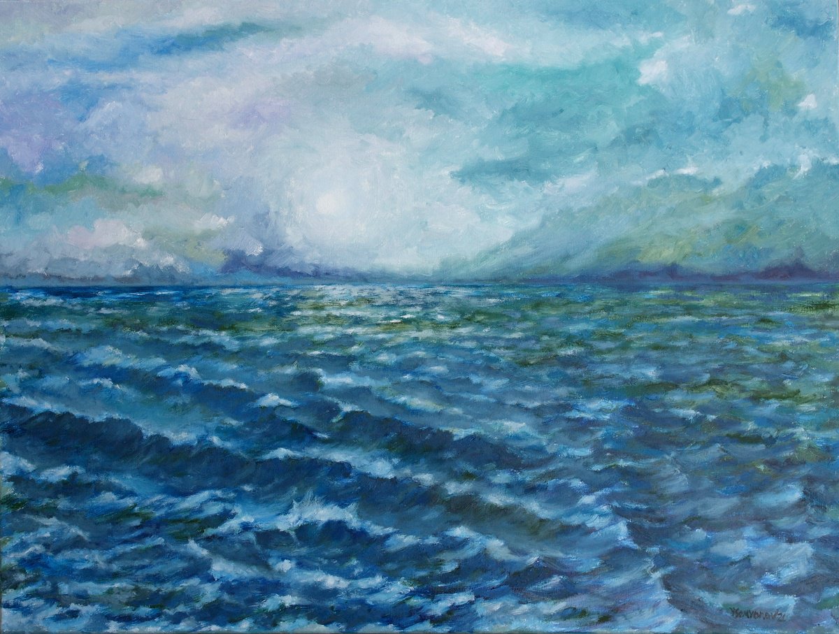 Impressionistic Landscape Oil Painting By Juri Semjonov, 31 X 24", Sea Stories - Night Sea, Original Artwork