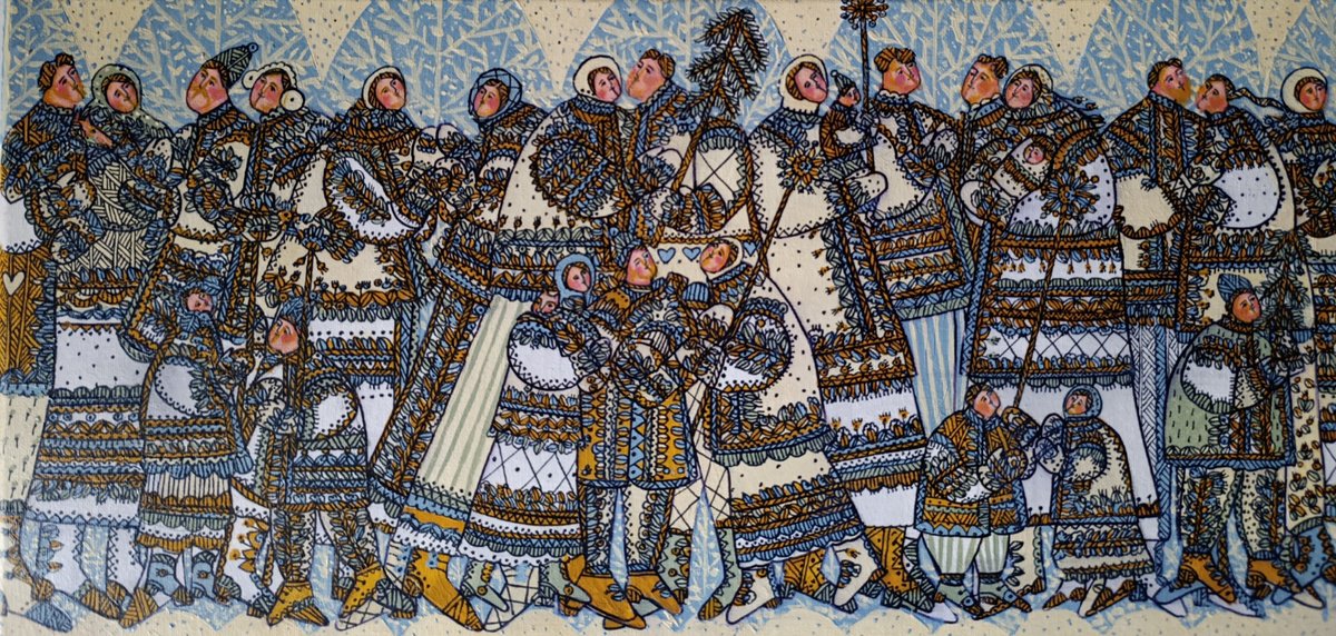 Naive Portrait Acrylic Painting By Tetiana Osadchuk, 24 X 12", Winter Coziness, Original Artwork