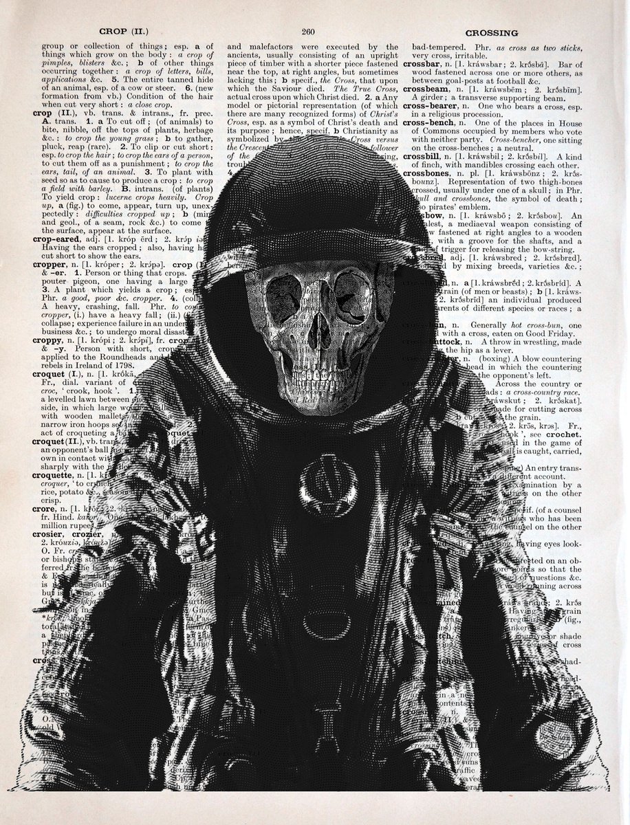 Astronaut Skull - Gothic Collage Art Print on Large Real English Dictionary Vintage Book P... by Jakub DK - JAKUB D KRZEWNIAK