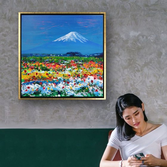 Fuji Mountain in Japan Acrylic Painting on Canvas, Spring Blossom Landscape Painting, Japanese Scenery, Flowers and Floral Painting, Japan Landscape