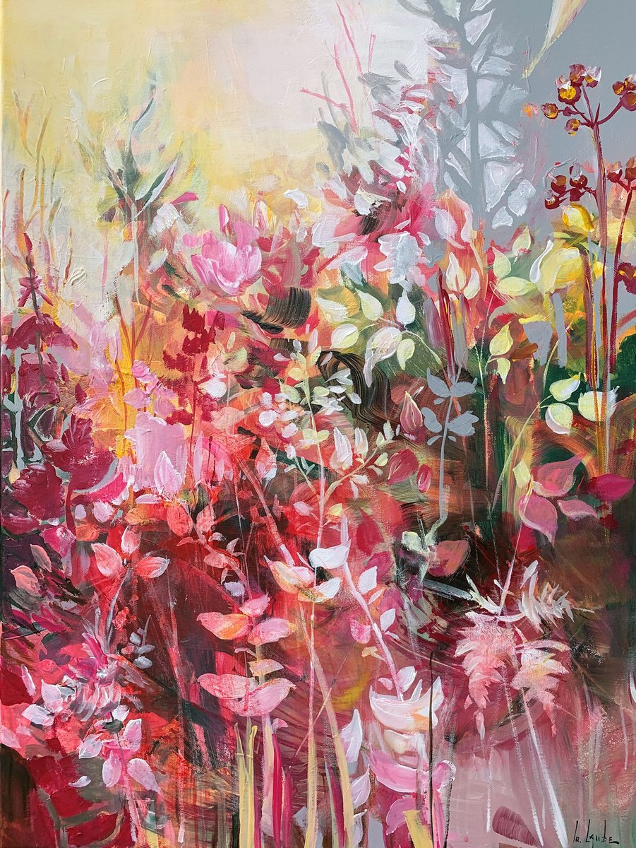 Impressionistic Botanical Acrylic Painting By Irina Laube, 24 X 31, Pink Garden, Original Artwork