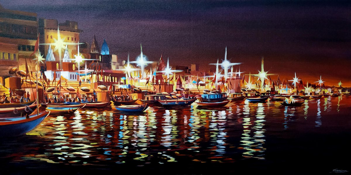Impressionistic Cityscapes Acrylic Painting By Samiran Sarkar, 47 X 23", Night Reflections Varanasi, Original Artwork