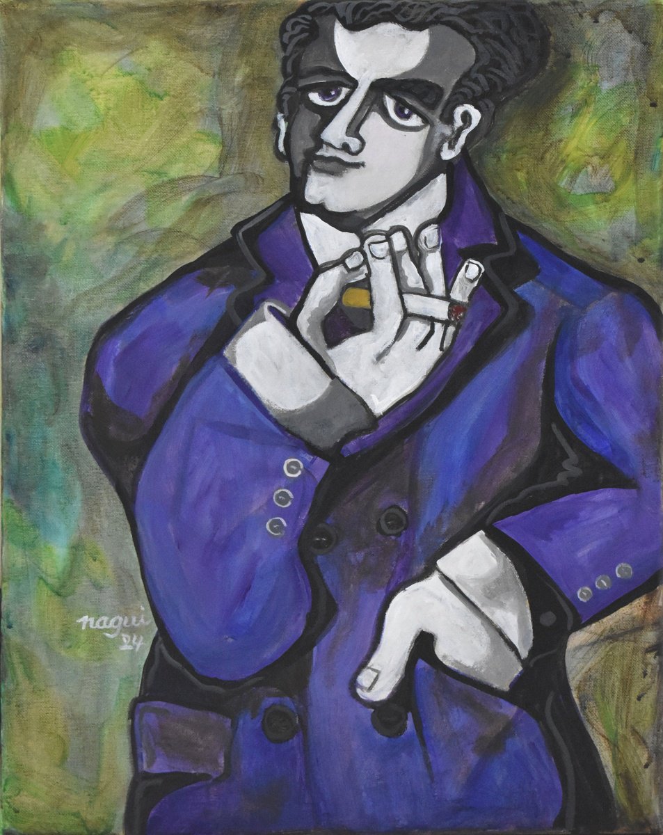 Expressive Portrait Acrylic Painting By Nagui, 16 X 20", Man Smoking A Cigarette, Original Artwork