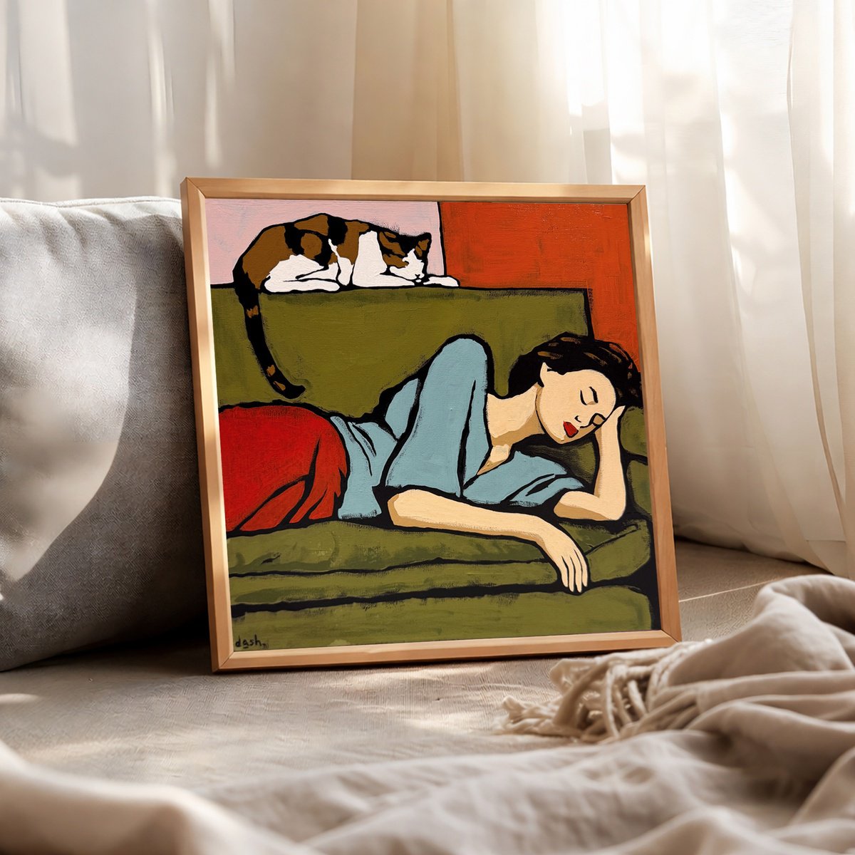 Naive Acrylic Painting , Woman And Cat 12X12In By Daria Baklykova, 12 X 12, Artwork For Sale On Artfinder
