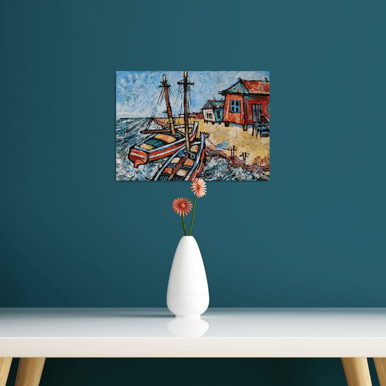 Boats and surf.