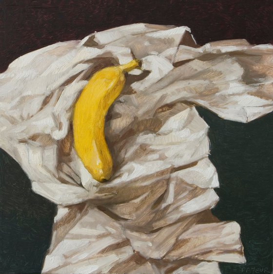 still life of banana and  delicate white drapery