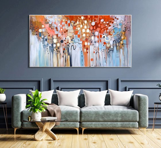 Happy Day - Abstract Painting 60" x 30" Large Abstract Gold Leaf Soft Colors White Gray Painting