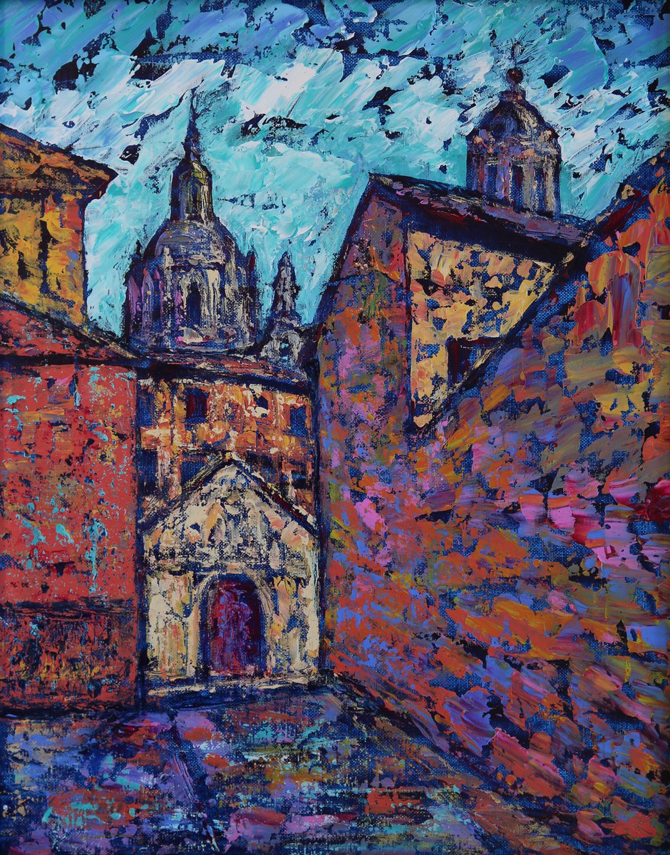 Impressionistic Cityscapes Acrylic Painting By Denys Kuvaiev, 17 X 21, Cervantes Street In Salamanca, Original Artwork
