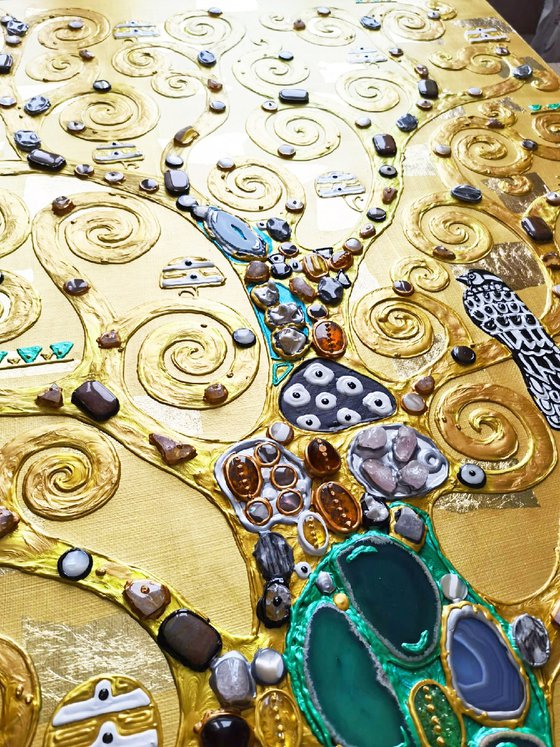 Tree of life Gustav Klimt. Large relief golden painting with precious stones