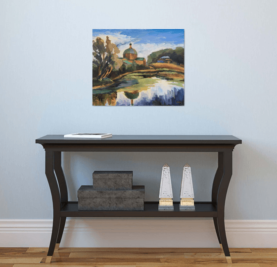 AT THE VILLAGE EDGE - impressive landscape oil painting with a pond and a wooden church housewarming gift idea home decor