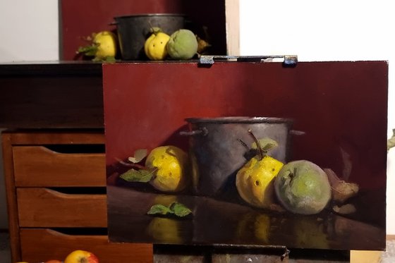 Quinces and a Metal Saucepan